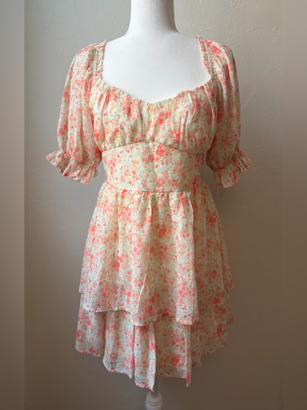 Lovecolette Floral Puff Sleeve Smocked Babydoll Mini Dress Cottagecore L